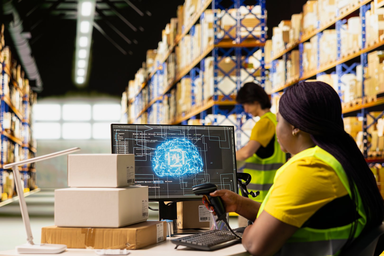 Young woman scanning barcodes with AI automation systems to handle warehouse operations, managing tracking software service. Shipment details on labels in busy distribution hub.