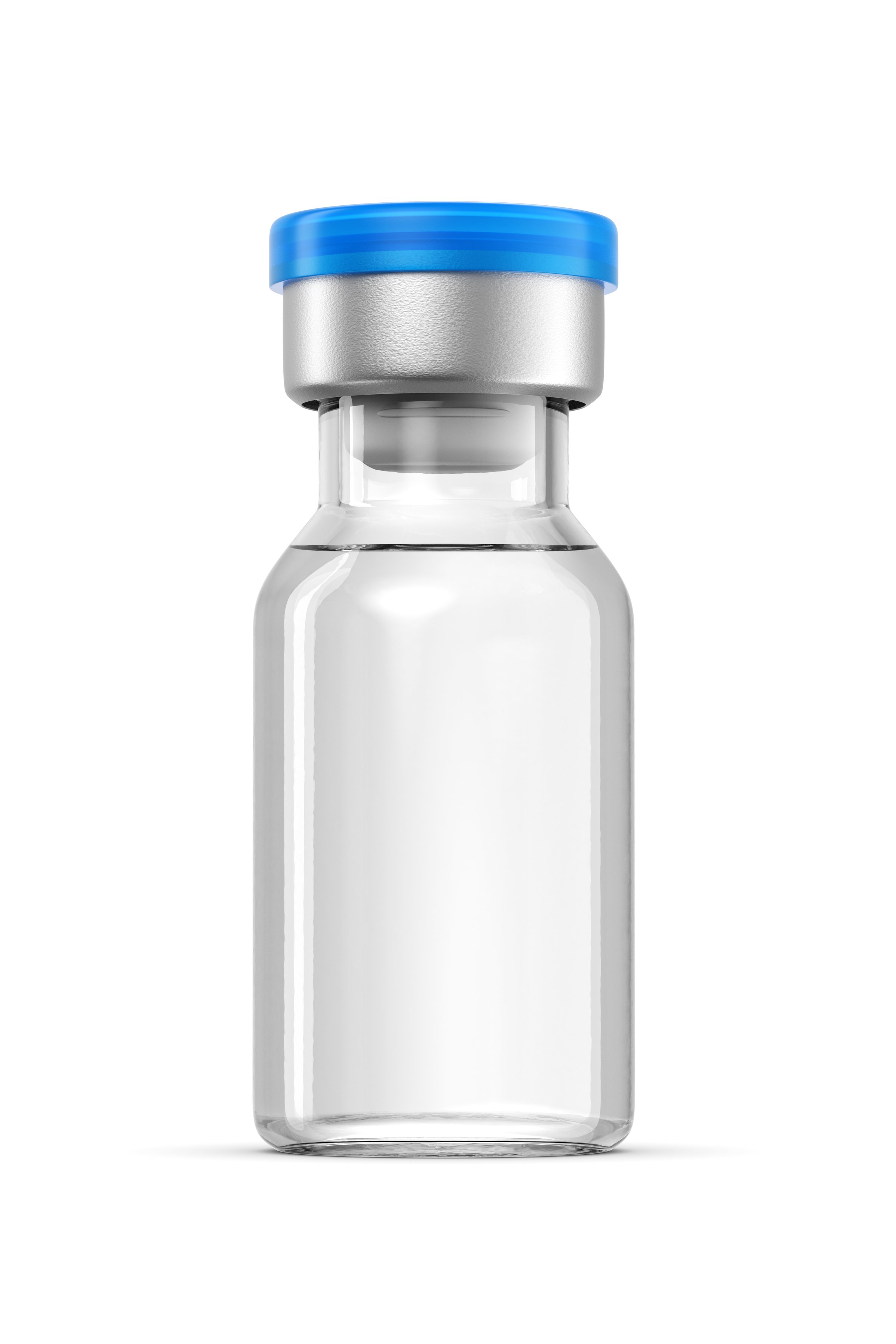 2ml injection vial (2R) with a blue cap, colorless liquid isolated on white background. 3D rendering illustration.