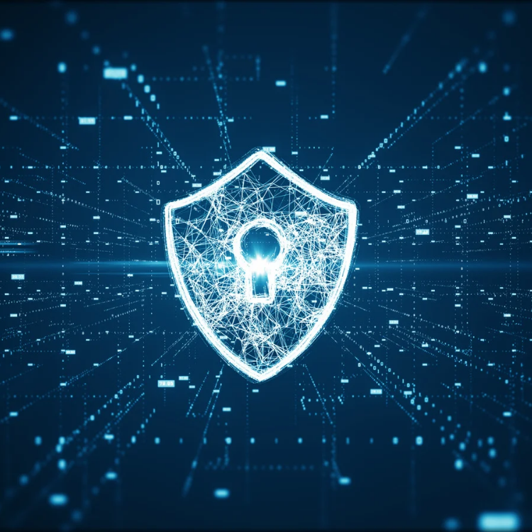 Digital shield with a keyhole, representing cybersecurity, on a dark blue background with circuit-like patterns.