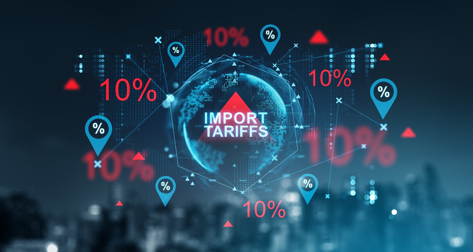 Digital concept of import tariffs increasing by 10 percent with red arrows and percentage signs on a futuristic background, symbolizing economic impact