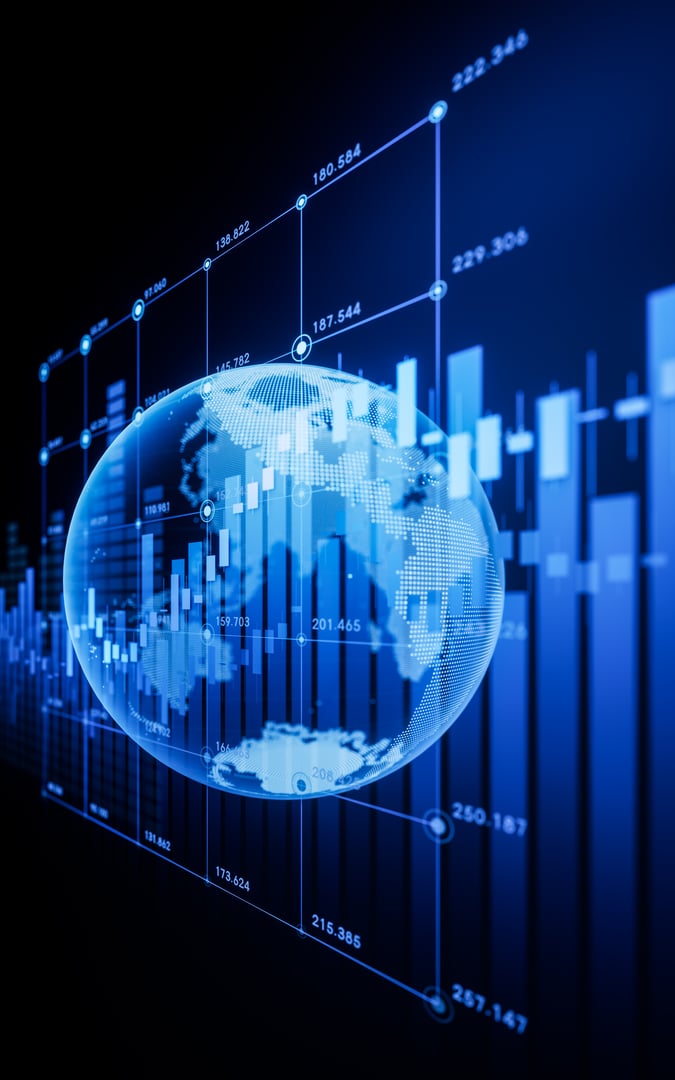 Statistical graph and virtual Earth with finance concept, 3d rendering. 3D illustration.