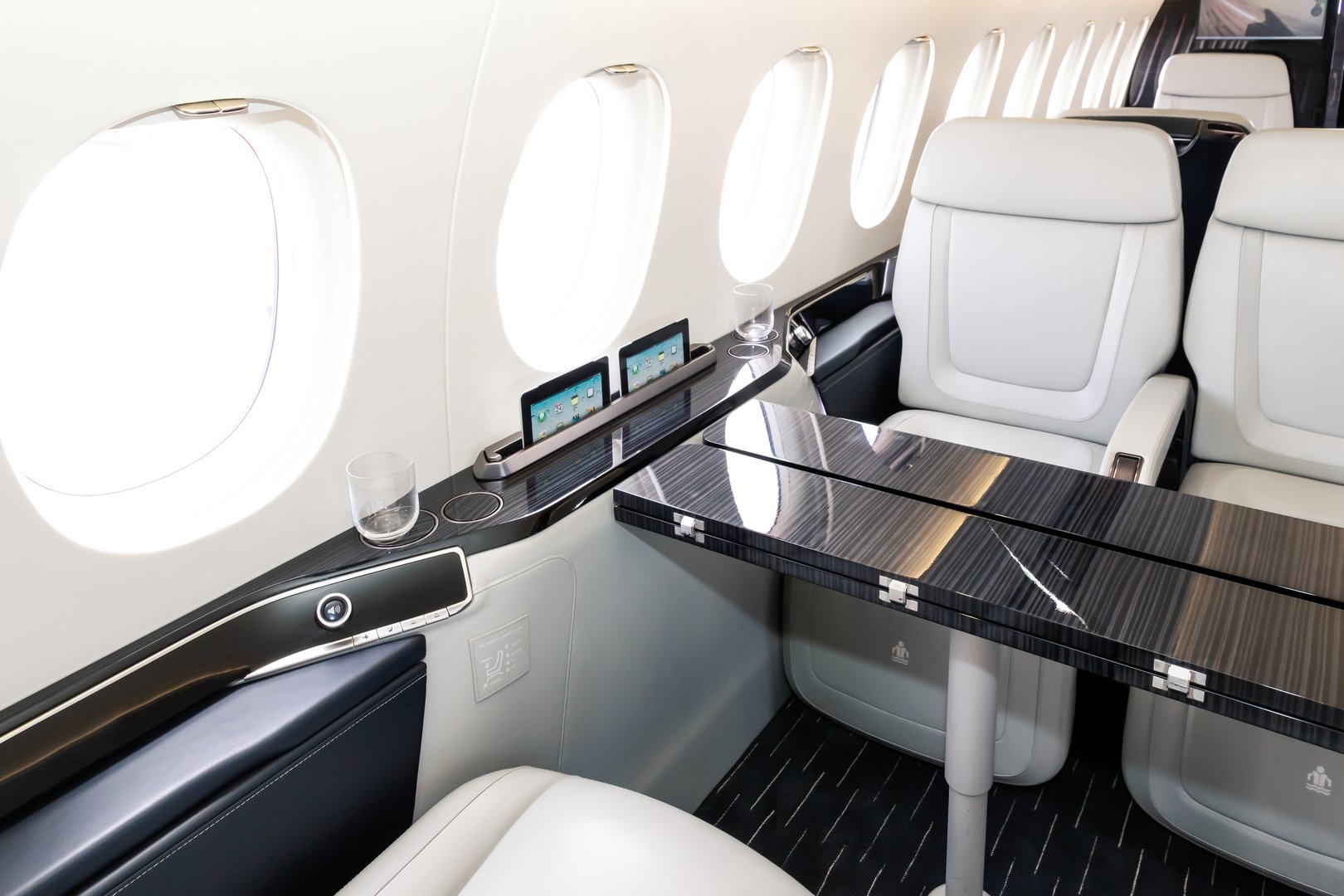 Comfortible chairs in a modern business jet aircraft