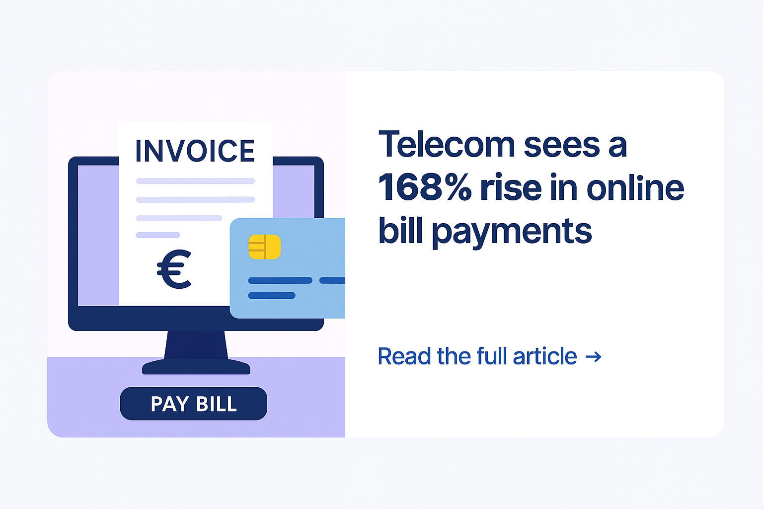 Illustration of online bill payment growth, featuring a monitor with an invoice, a credit card, and text about telecom rise.