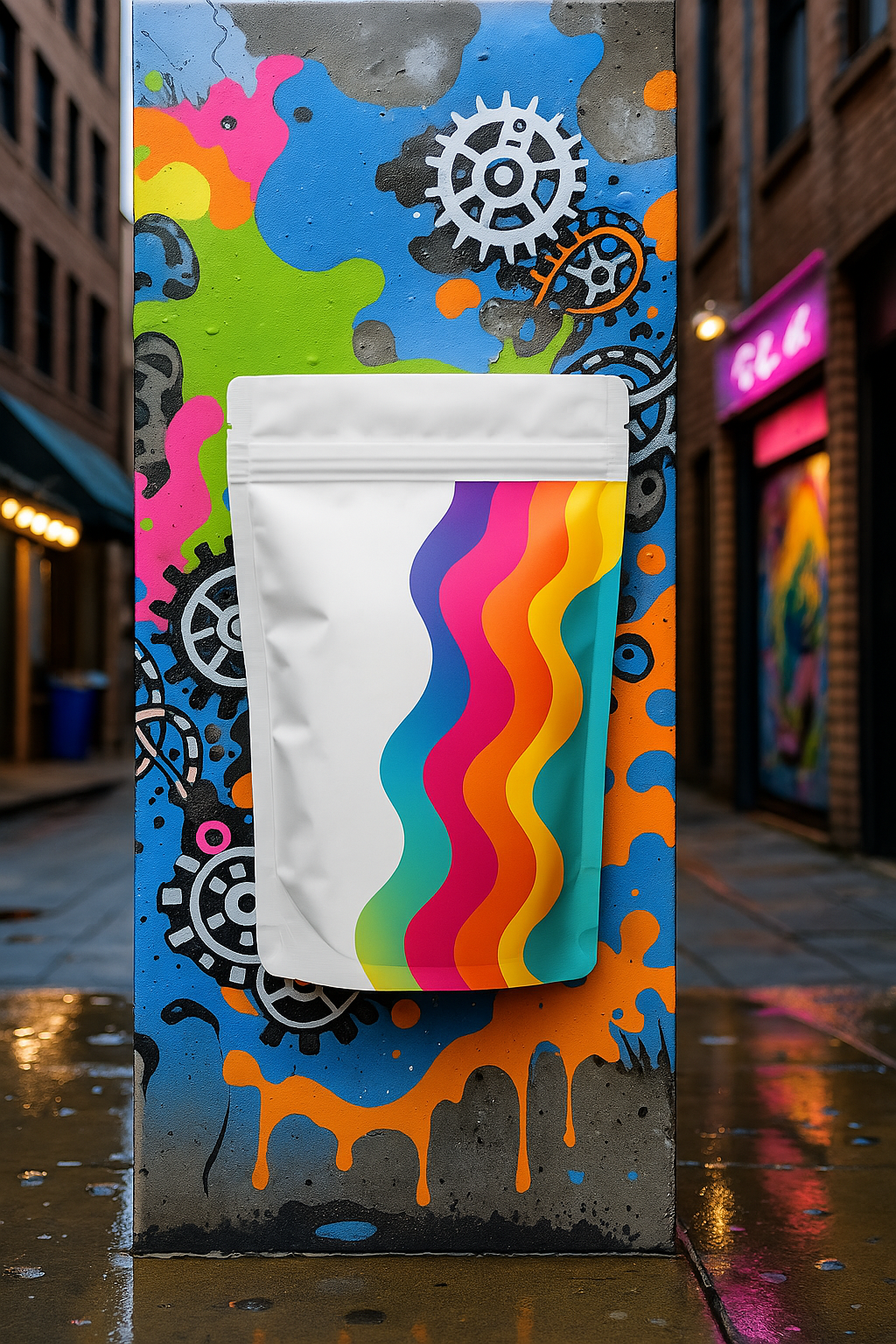 A white pouch with colorful wavy stripes, placed against a graffiti-covered wall on a wet, urban street at night.