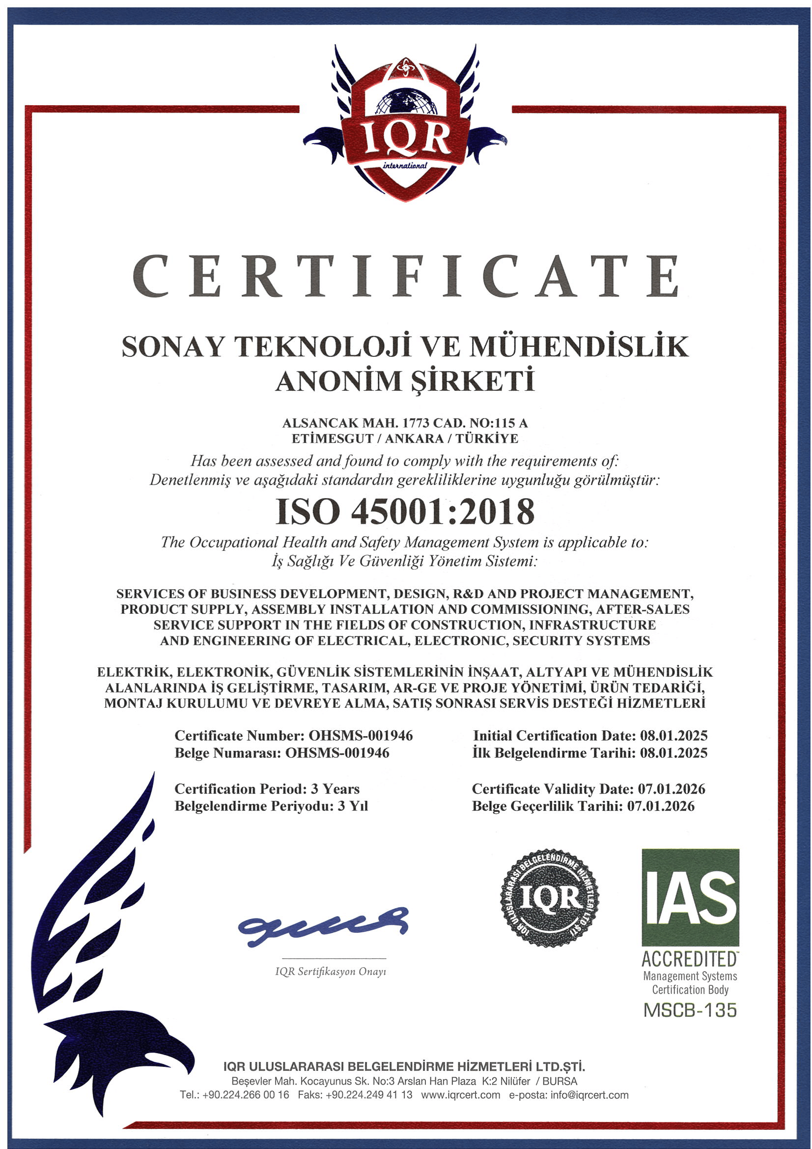 SONAY TEKNOLOJİ ISO 45001 Sertifikası