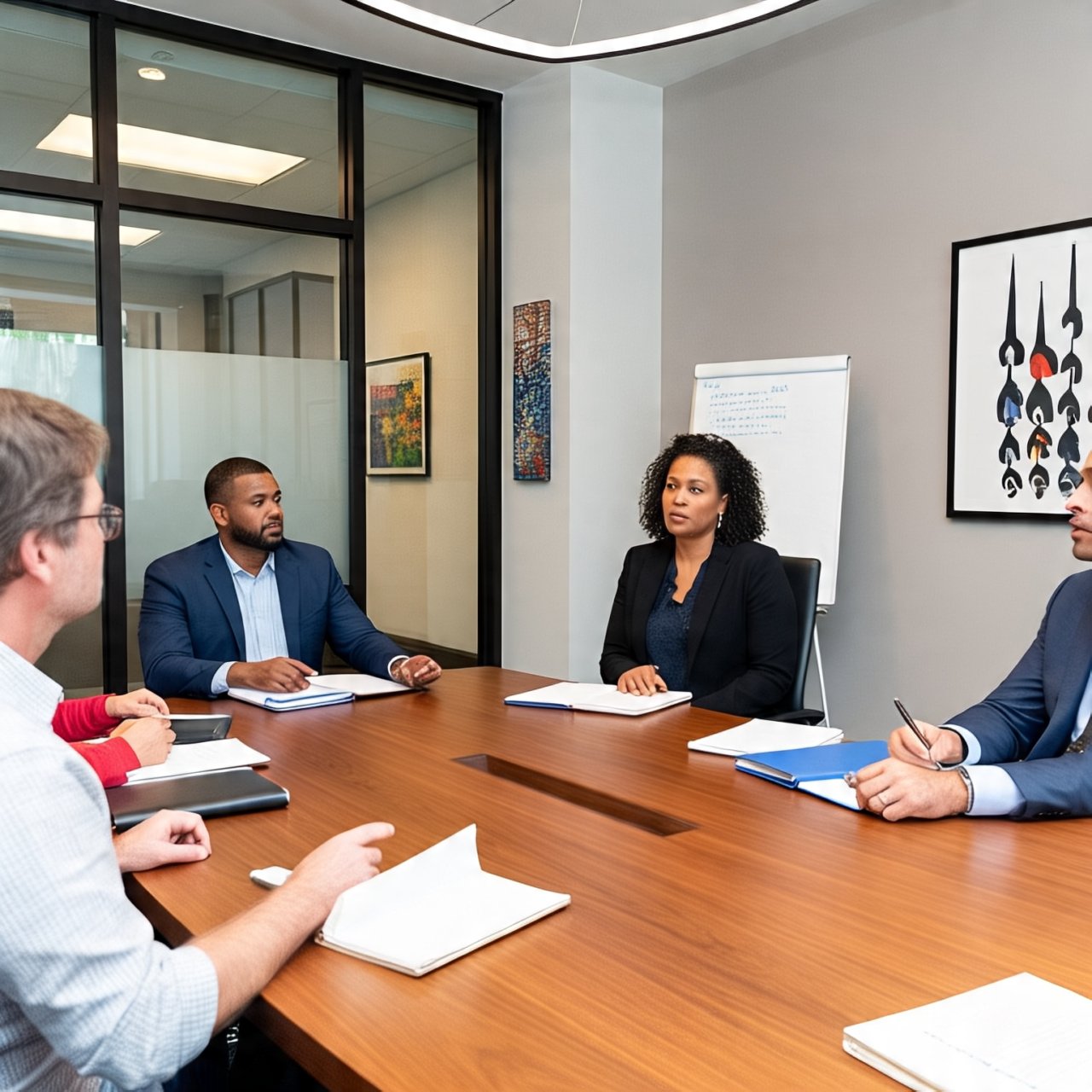 Business meeting with four people seated around a table, discussing documents in a conference room.