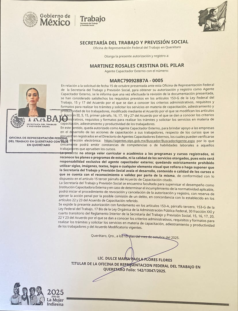 Autorización STPS como Agente Capacitador Externo - Cristina del Pilar Martínez Rosales