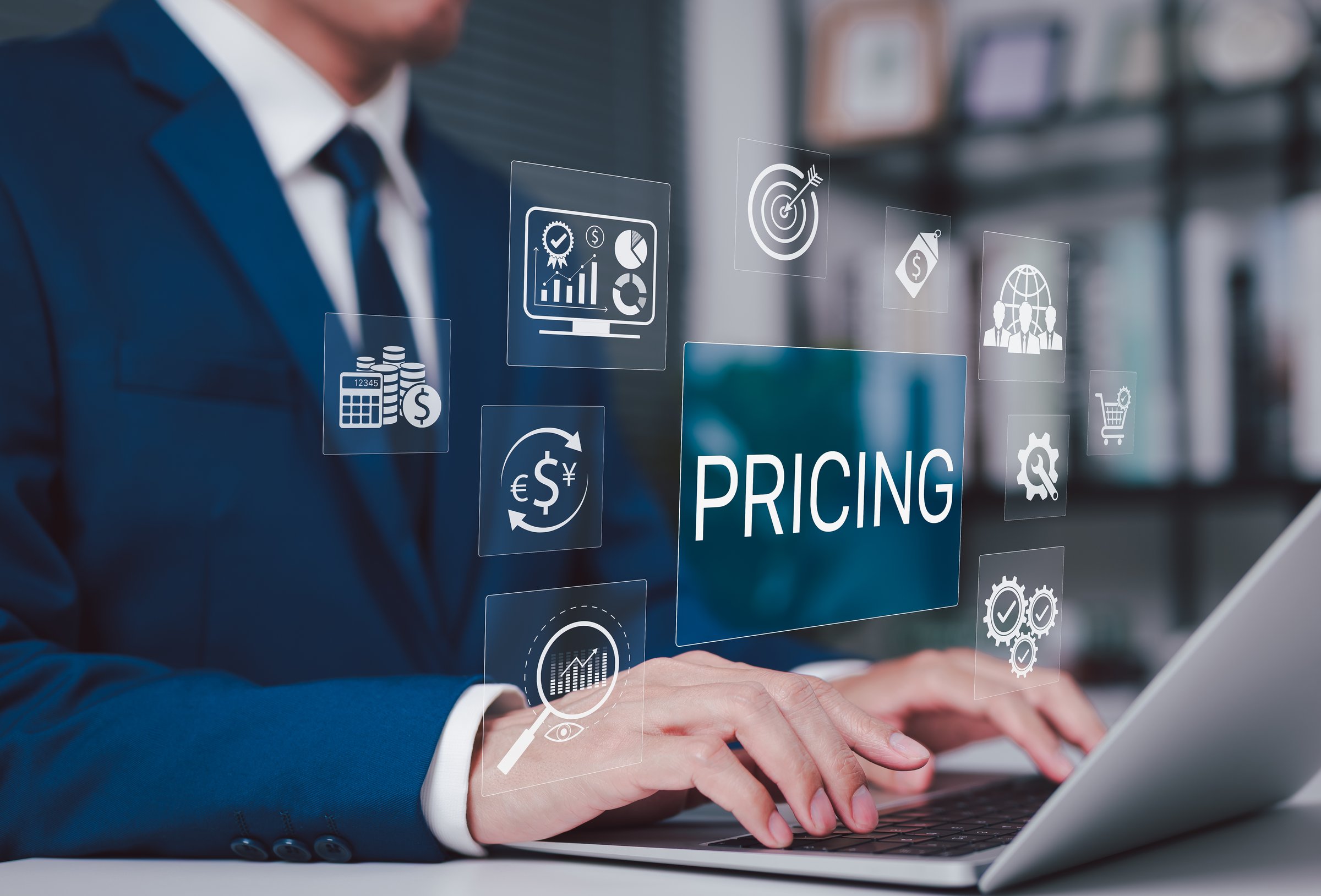 Pricing Strategy and Market Analysis Concept. Businessman using laptop with icon representing pricing strategies, financial analysis, global market, currency exchange, data decision-making in commerce