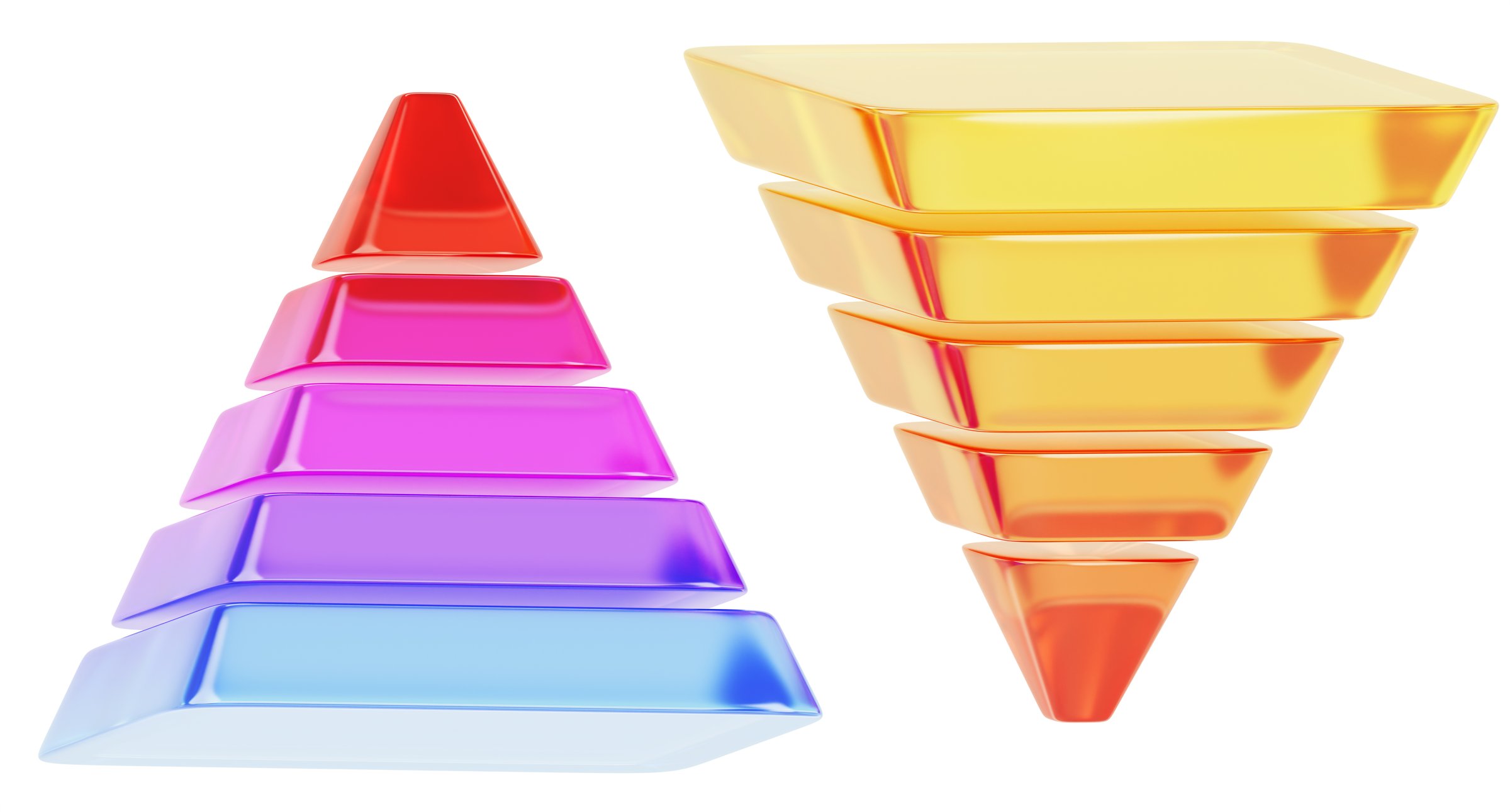 3d colorful glass pyramid diagram, maslow and inverted. Gradient crystal triangle of five levels, sales funnel. Marketing, financial and business infographic, isolated render icon set. 3D illustration