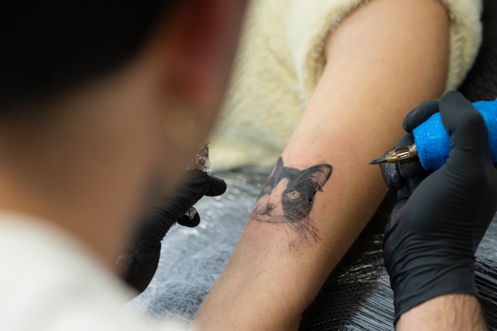 Fine line tattoo of cat