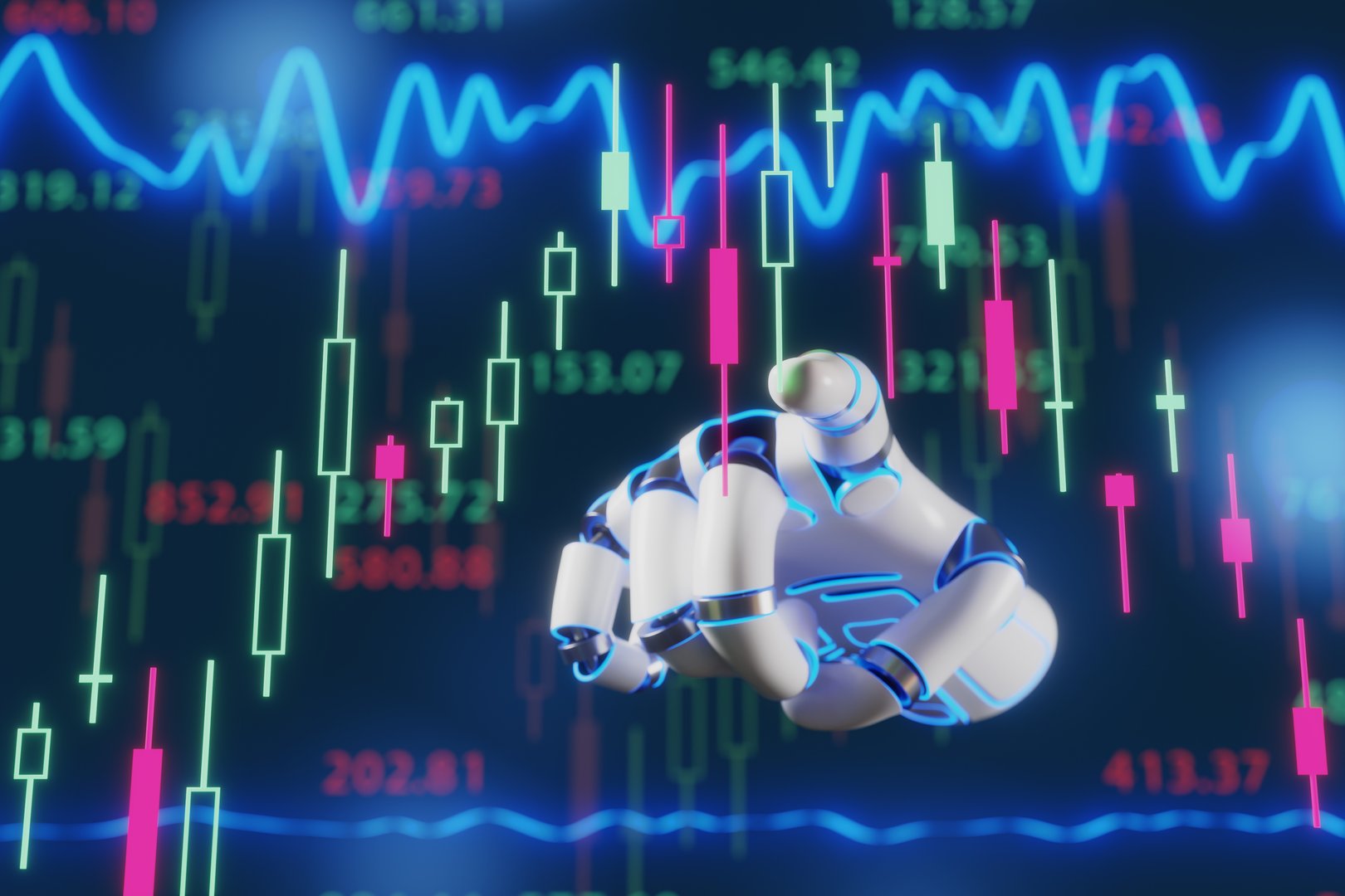 Robotic hand pointing at a candlestick chart of stock price movement in dark background. Illustration of the concept of AI tools for picking and screening profitable securities and maximizing ROI