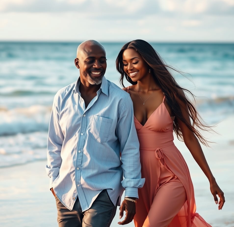 A man and a woman smiling as they walk along a beach, the woman in a pink dress and the man in a blue shirt.