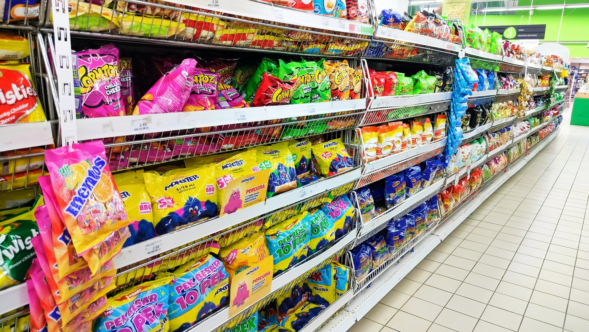 Malaysia Kuala Terengganu September 29, 2025: various snacks displayed in a supermarket for sale.
