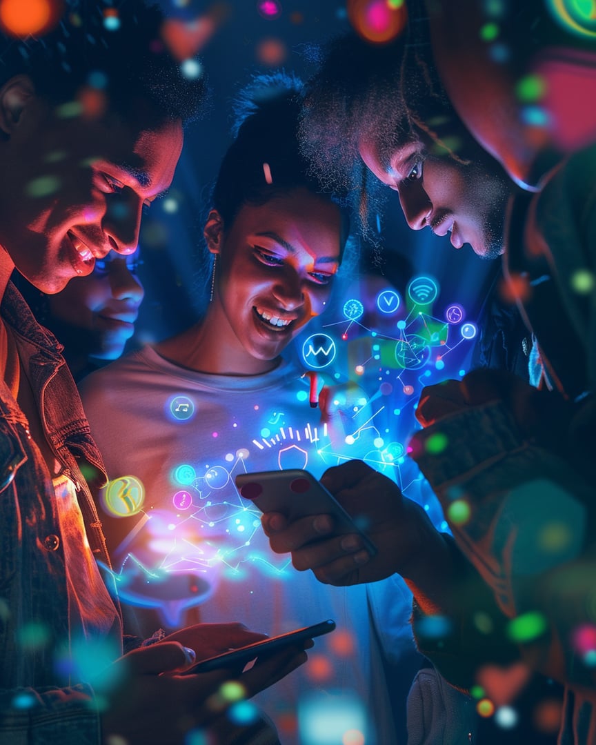 A hyper-realistic smartphone with a diverse group