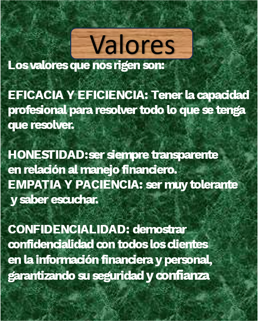 Text on values highlighting efficacy, honesty, empathy, and confidentiality in financial management.