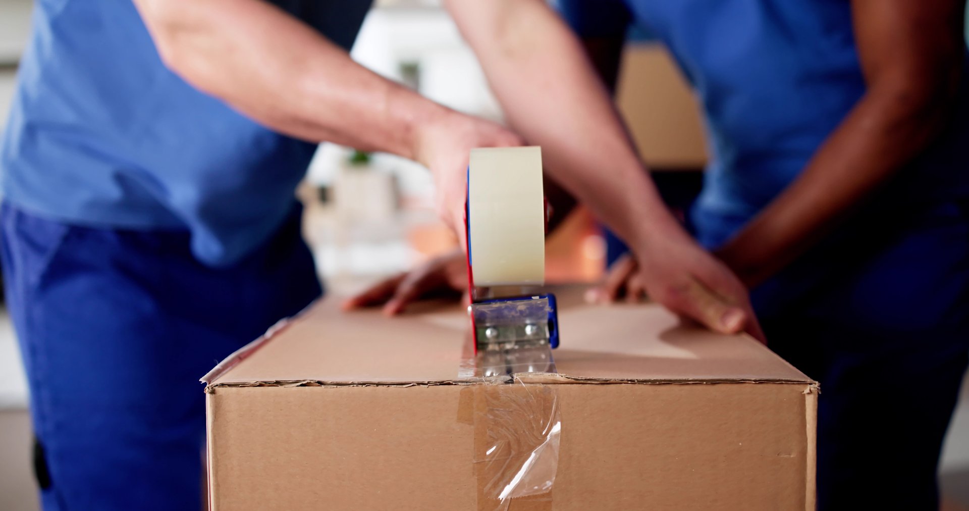 Professional Movers Pack Cardboard Boxes With Tape To Relocate Furniture, Young Men, Packing
