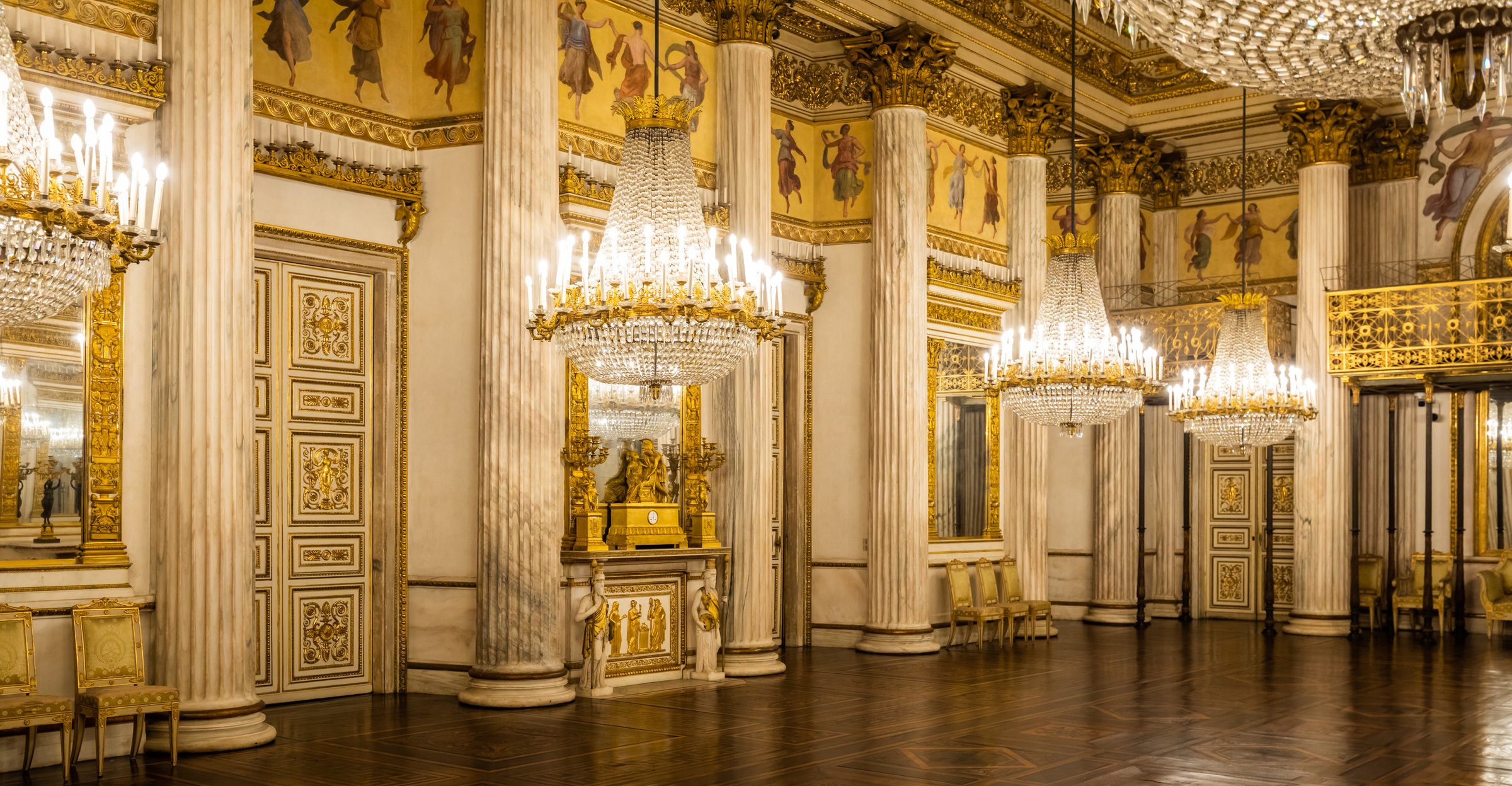 Turin, Italy - Circa January 2022: romantic old ballroom interior in Royal Palace, 1842