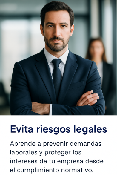Serious businessman in a suit with folded arms, promoting legal risk prevention and compliance in a Spanish text.