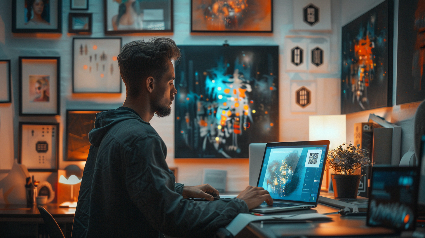 Person working on digital artwork on a laptop in a studio filled with abstract paintings, focusing on a colorful design.