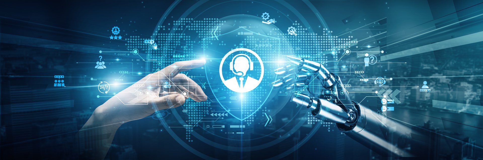 Hands of robot and human touch on Customer service signify collaboration in enhancing user experience. Customer service integrates AI-driven chatbots Automating responses improves efficiency supports.