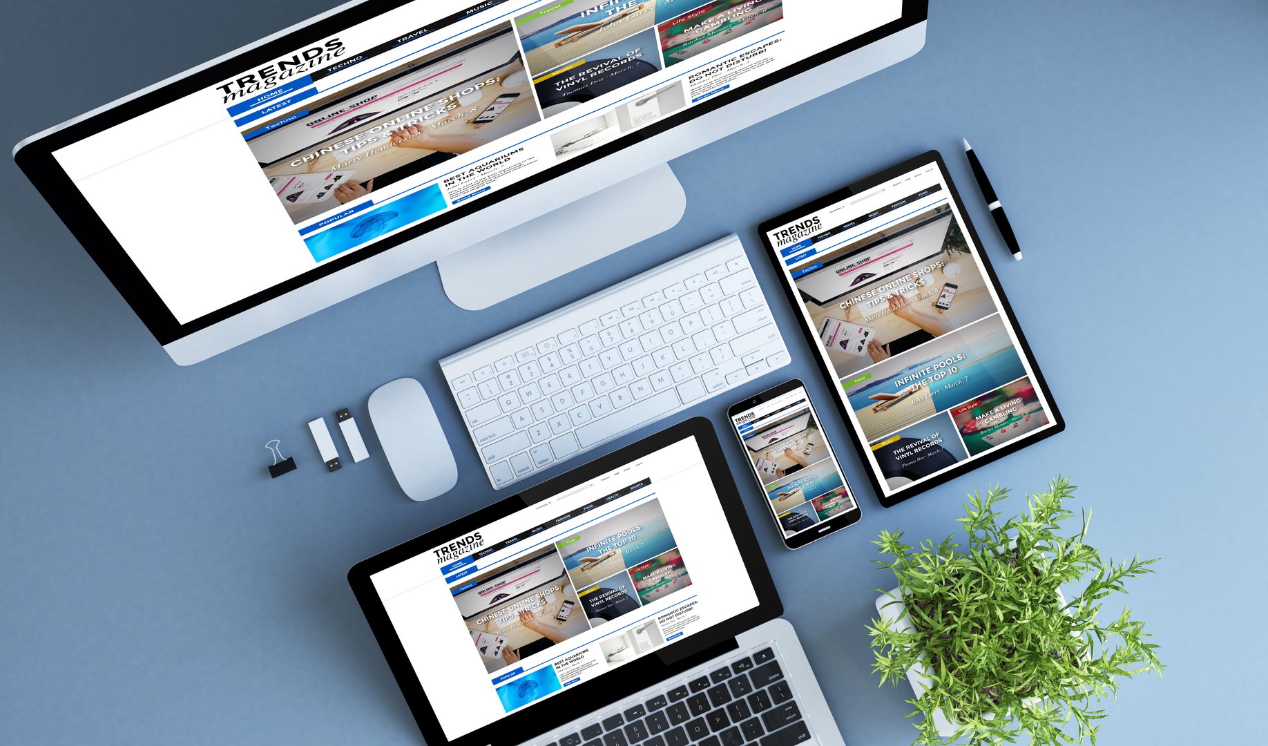 blue devices top view trends magazine3d rendering.