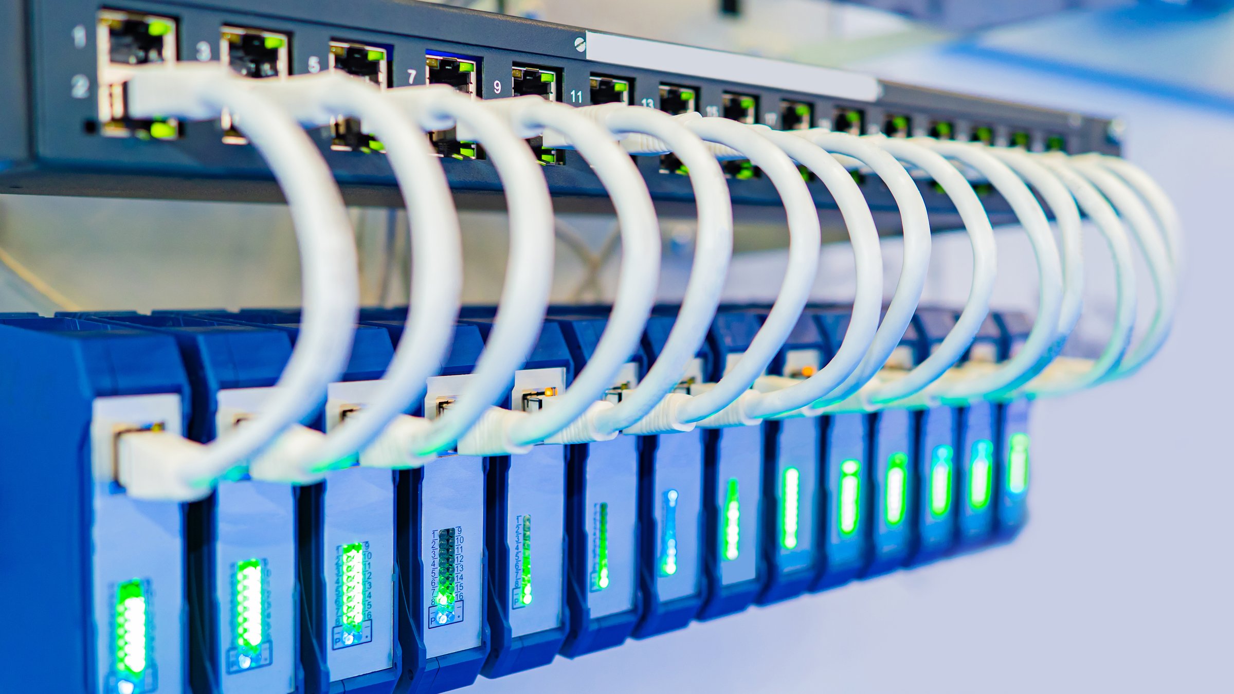 Network. Wires connect equipment. Network hardware. Work as a system administrator. Structured cabling systems. Network switch. Concept - Data Center. Concept - data storage and transmission.