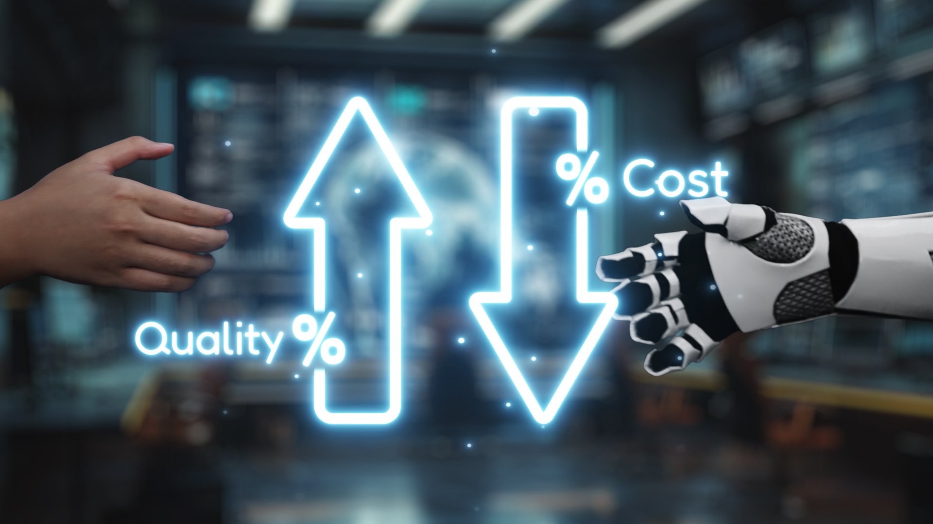 A creative visual representation of a human hand and a robotic hand, showing the relationship between improved quality and reduced costs in technology-driven industries. Auvana