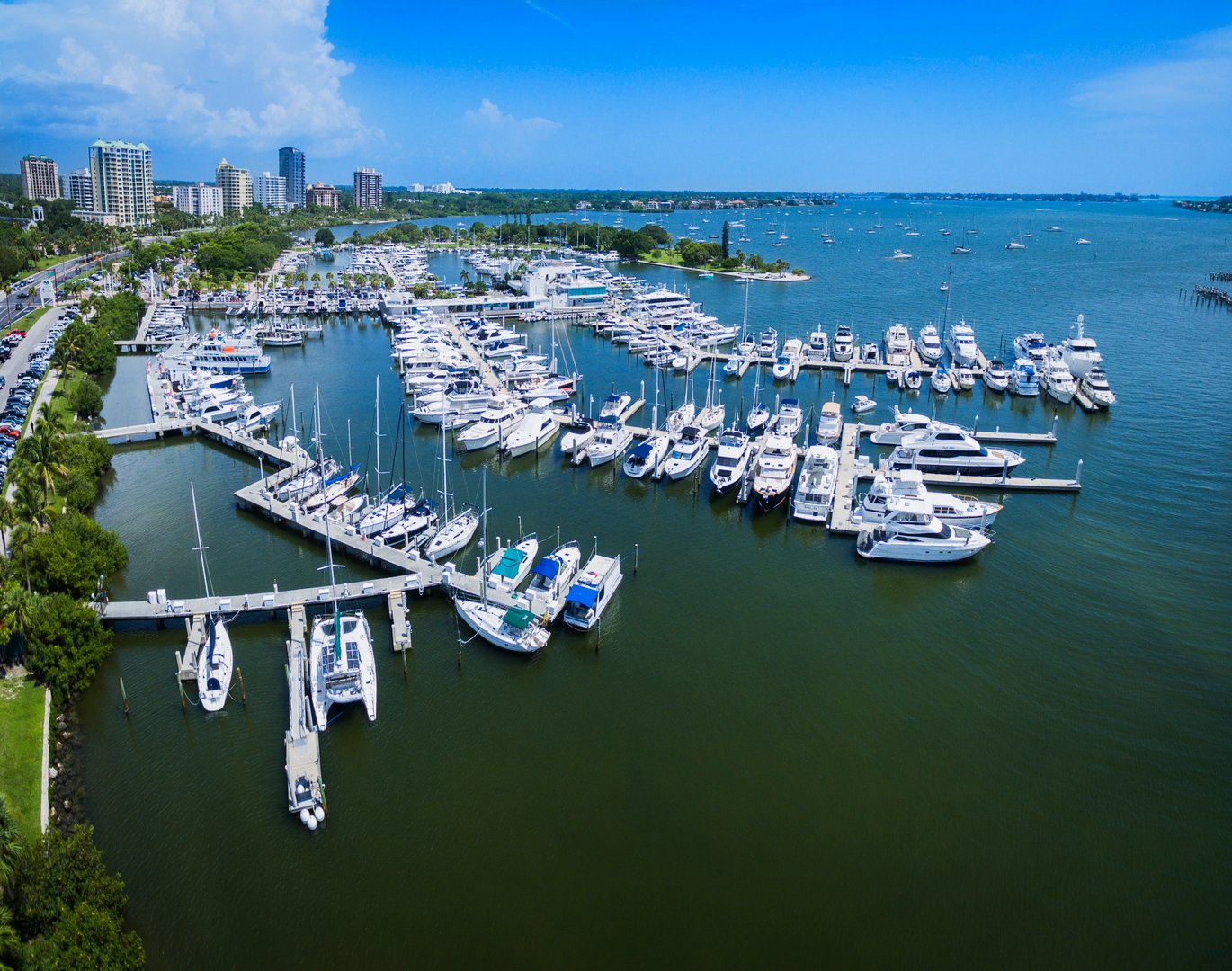 Aerial view of Bayfront Park & Marina from Island Park, Sarasota Florida.