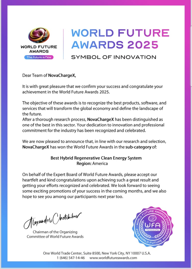 NovaChargeX World Future Award 2025 Certificate