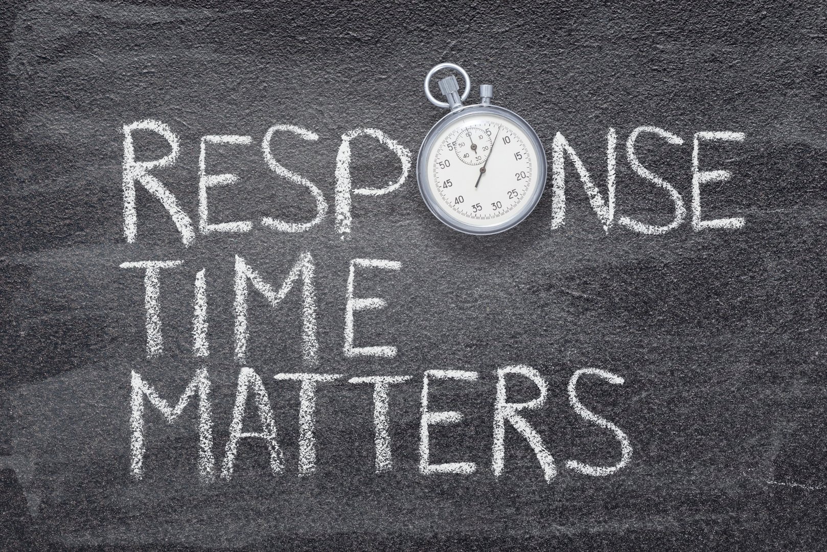 response time matters phrase handwritten on chalkboard with vintage precise stopwatch used instead of O