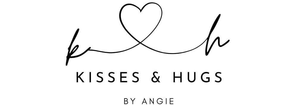 Logo with intertwined k and h forming a heart, accompanied by text Kisses & Hugs by Angie below.