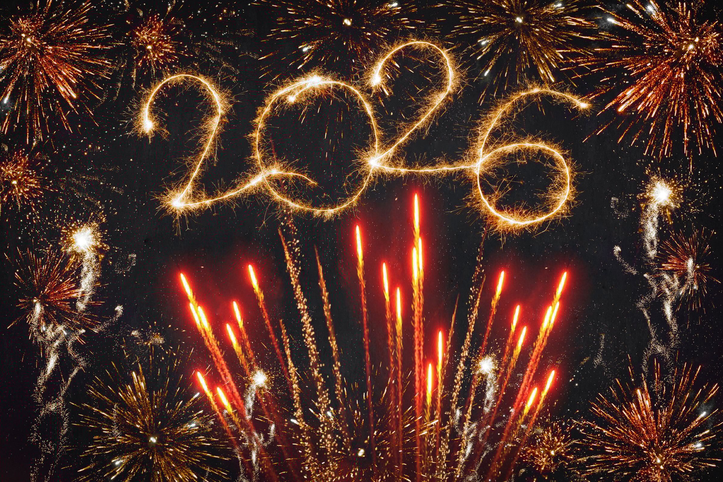 happy new year, new year's eve, silvester, new year, celebration greeting card, new year card - Year 2026 sparkler font text fireworks pyrotechnic frame, isolated on black night sky background