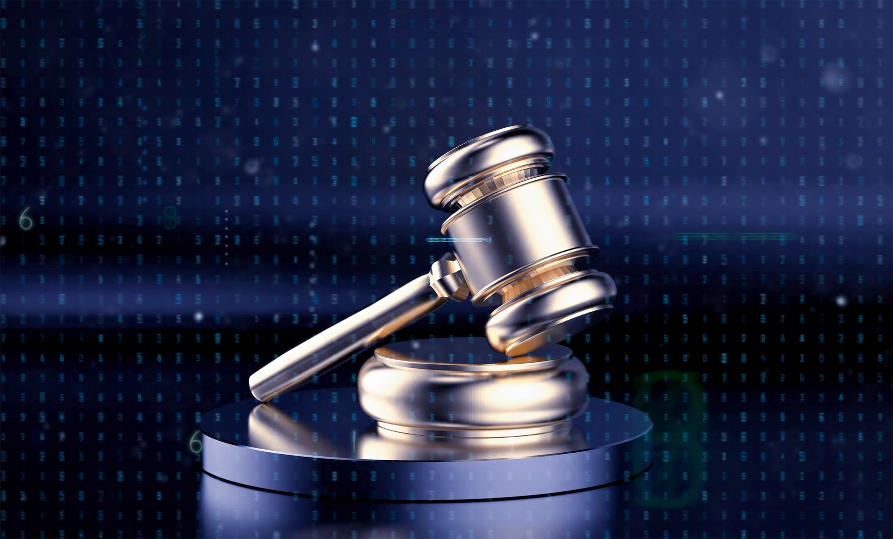 Digital law concept with golden gavel judge representing the intersection of auction industry and blockchain technology