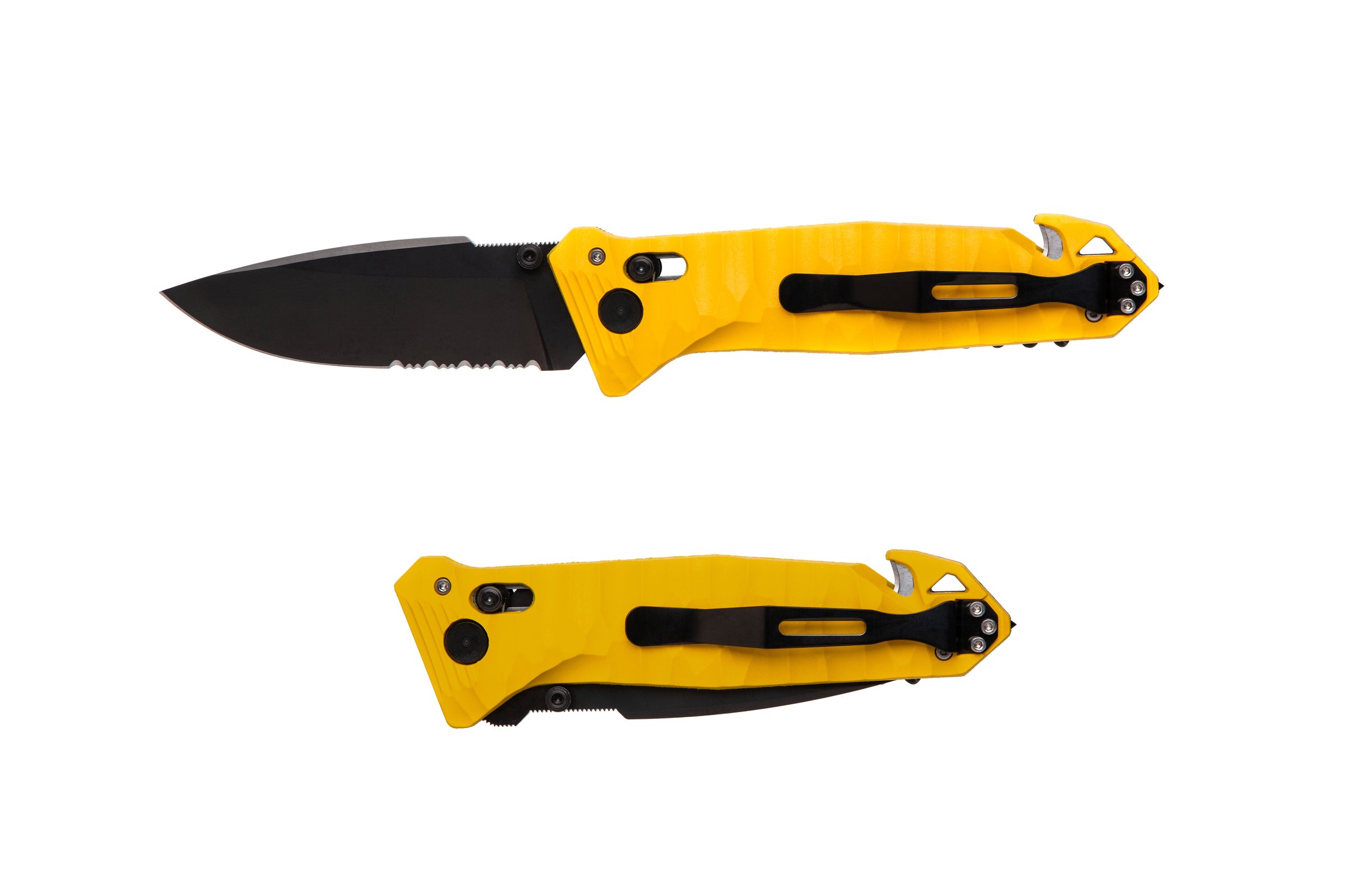 Yellow tactical folding knife, open and closed views, with a black blade and pocket clip.