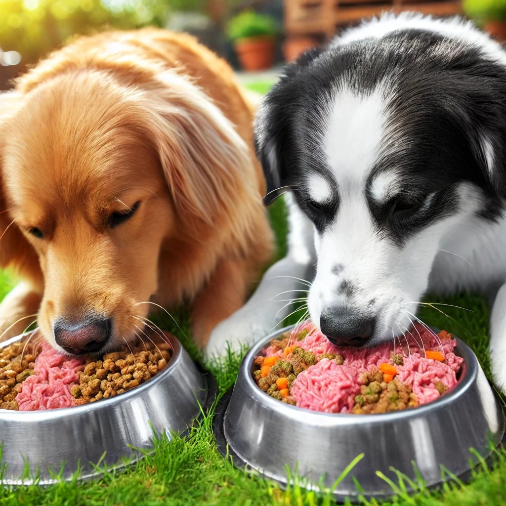 Two dogs eating kibble and meat from metal bowls on a grassy lawn.