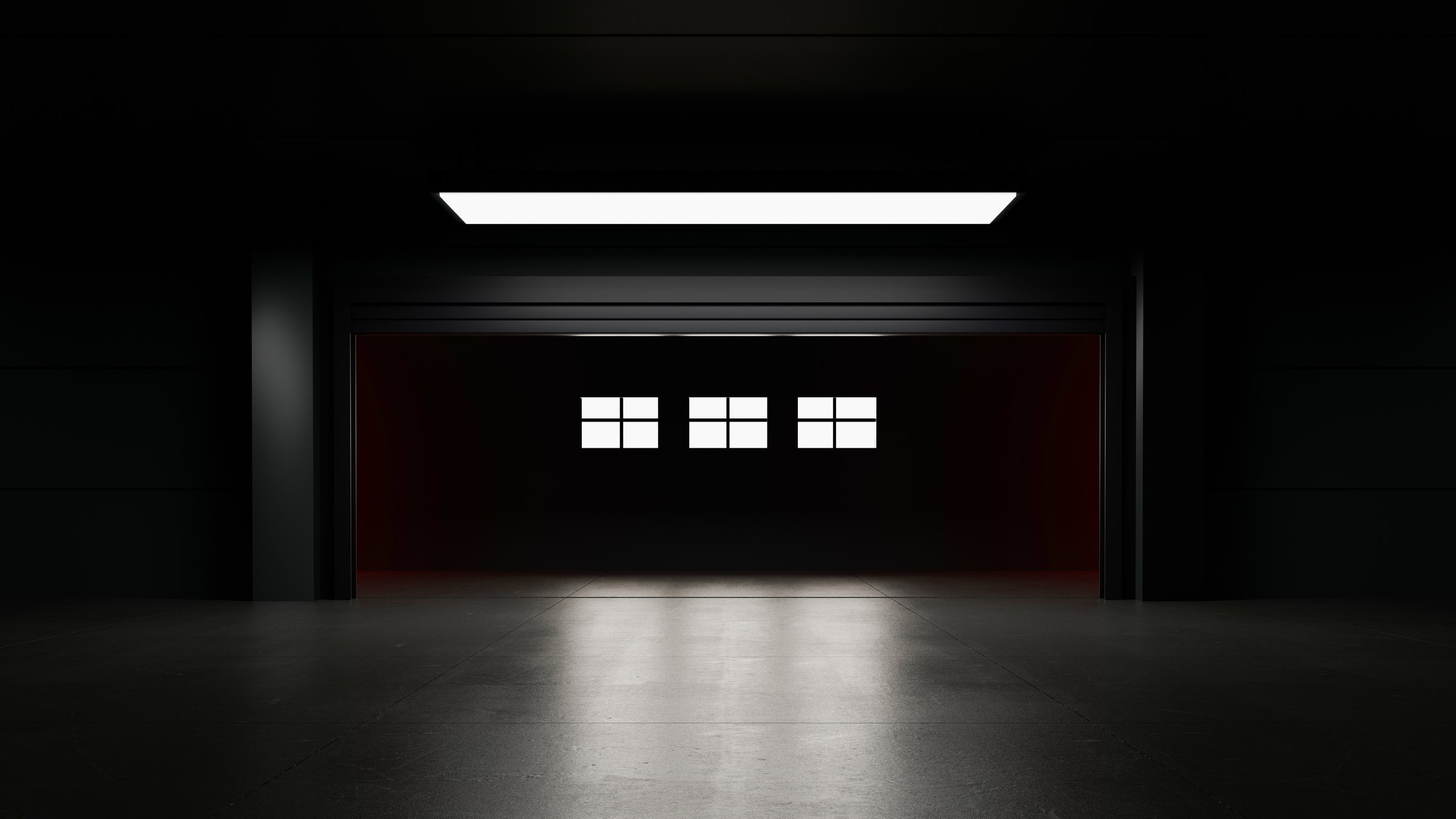 Spacious dark interior for car displays, auto events, and showroom exhibitions with moody industrial style and dramatic lighting