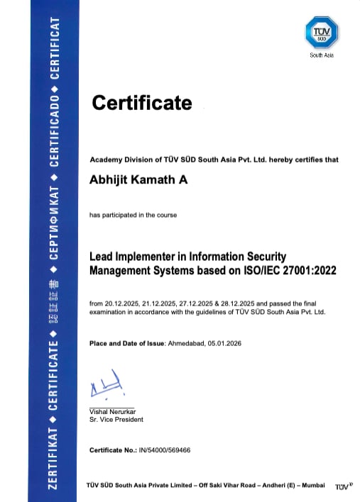 Abhijit Kamath A - Lead Implementer in ISMS Certificate