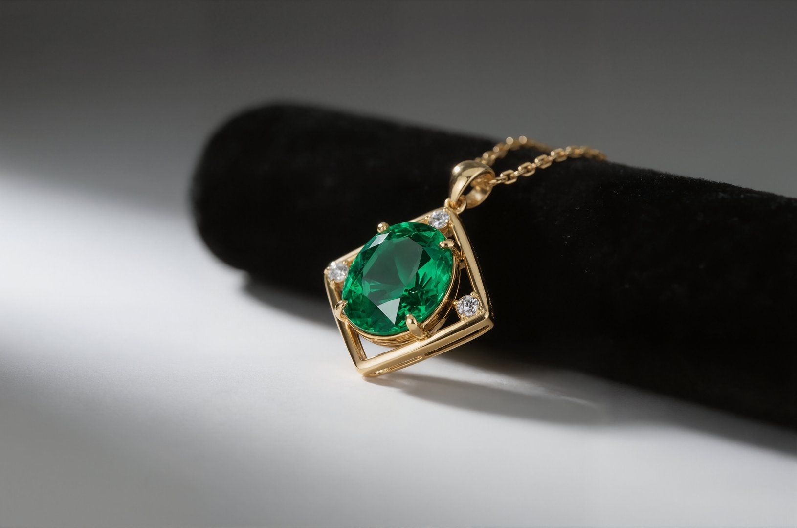 A necklace with a single emerald pendant rests gracefully on a black velvet base.