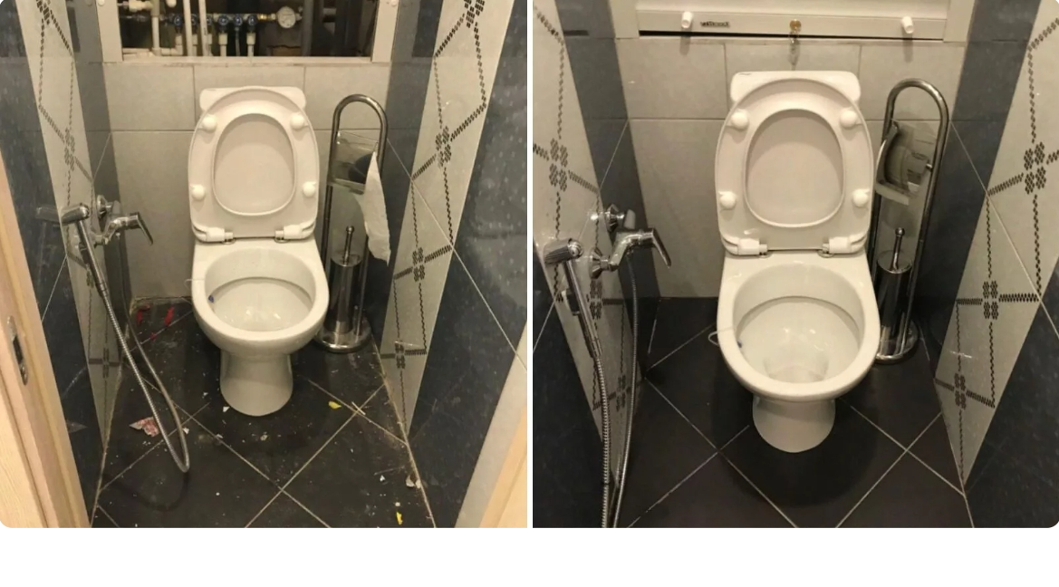 Two side-by-side images of a toilet with a spray hose on a tiled floor, showcasing different levels of cleanliness.