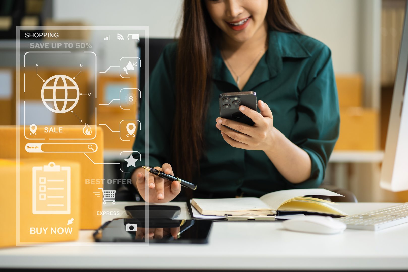 Entrepreneur calculates financial expenses, packs delivery boxes for her online market. startup SME owner thriving in ecommerce and small business growth.