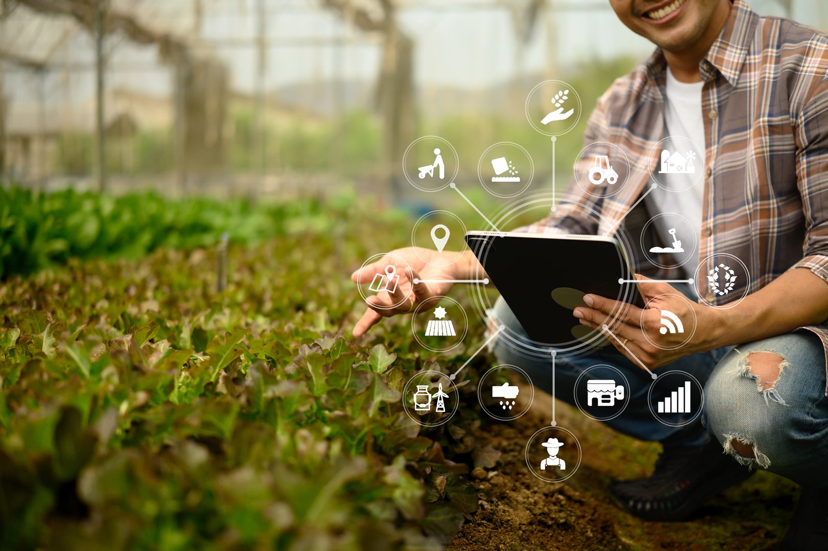 Farmer using digital tablet for online sales