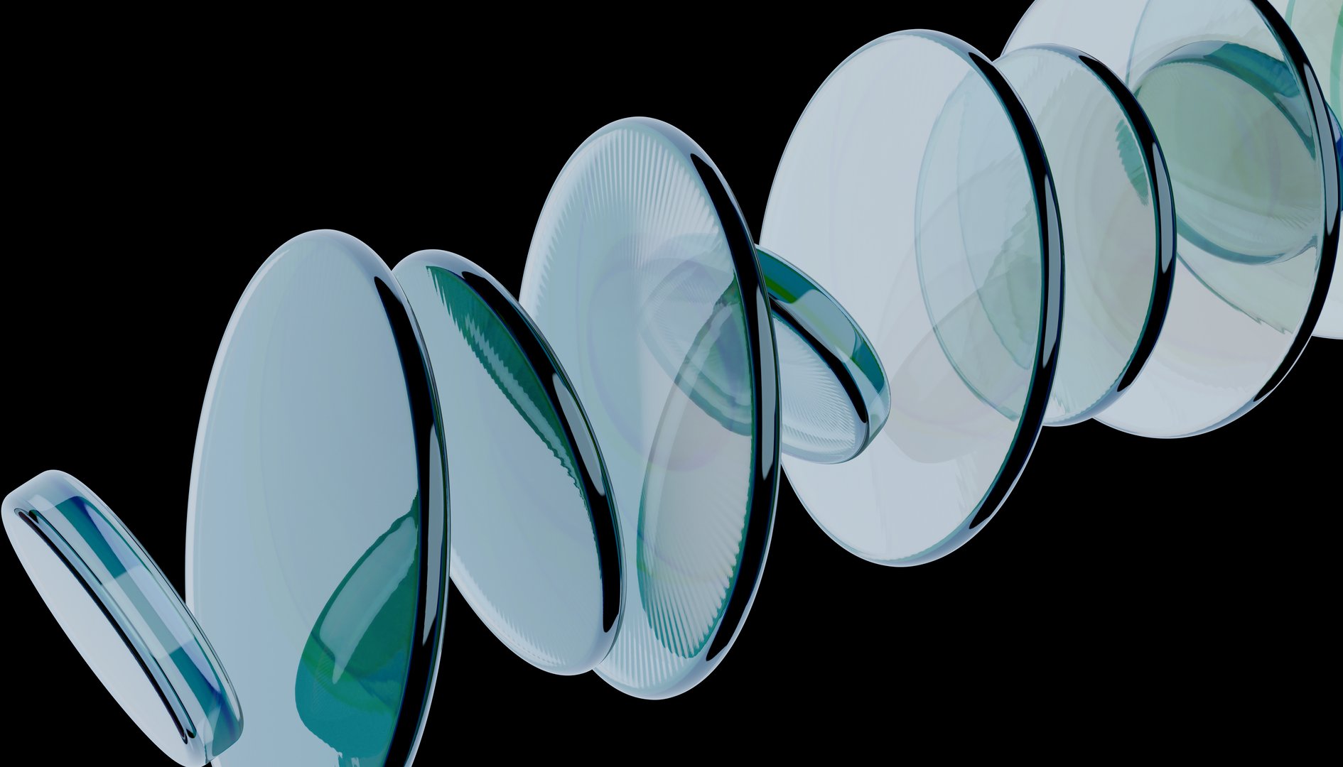 Series of transparent, overlapping glass discs are arranged in spiral pattern against black background, creating modern and abstract visual effect. discs reflect light, adding depth and dimension