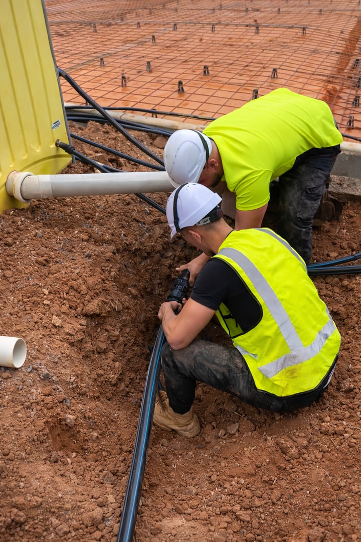 Plumbers laying conduit pipes