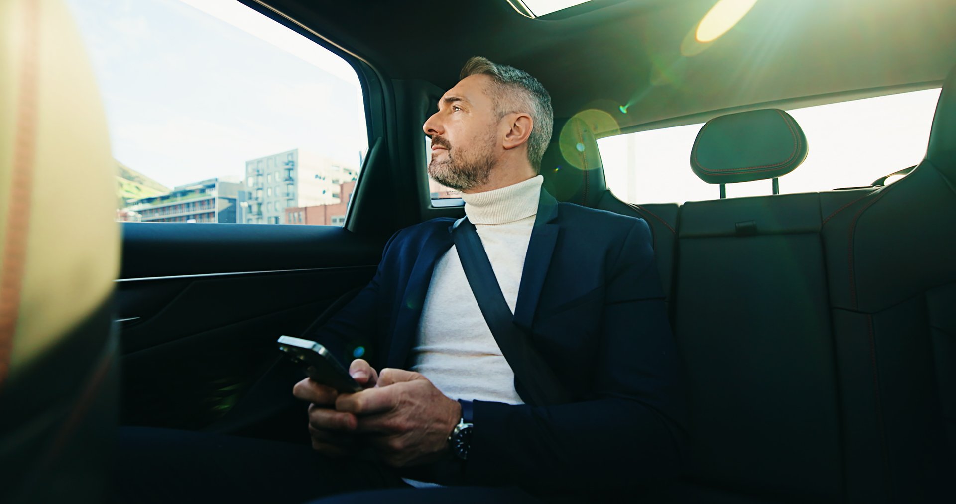 Commute, phone and thinking with business man in car for agenda, schedule or travel