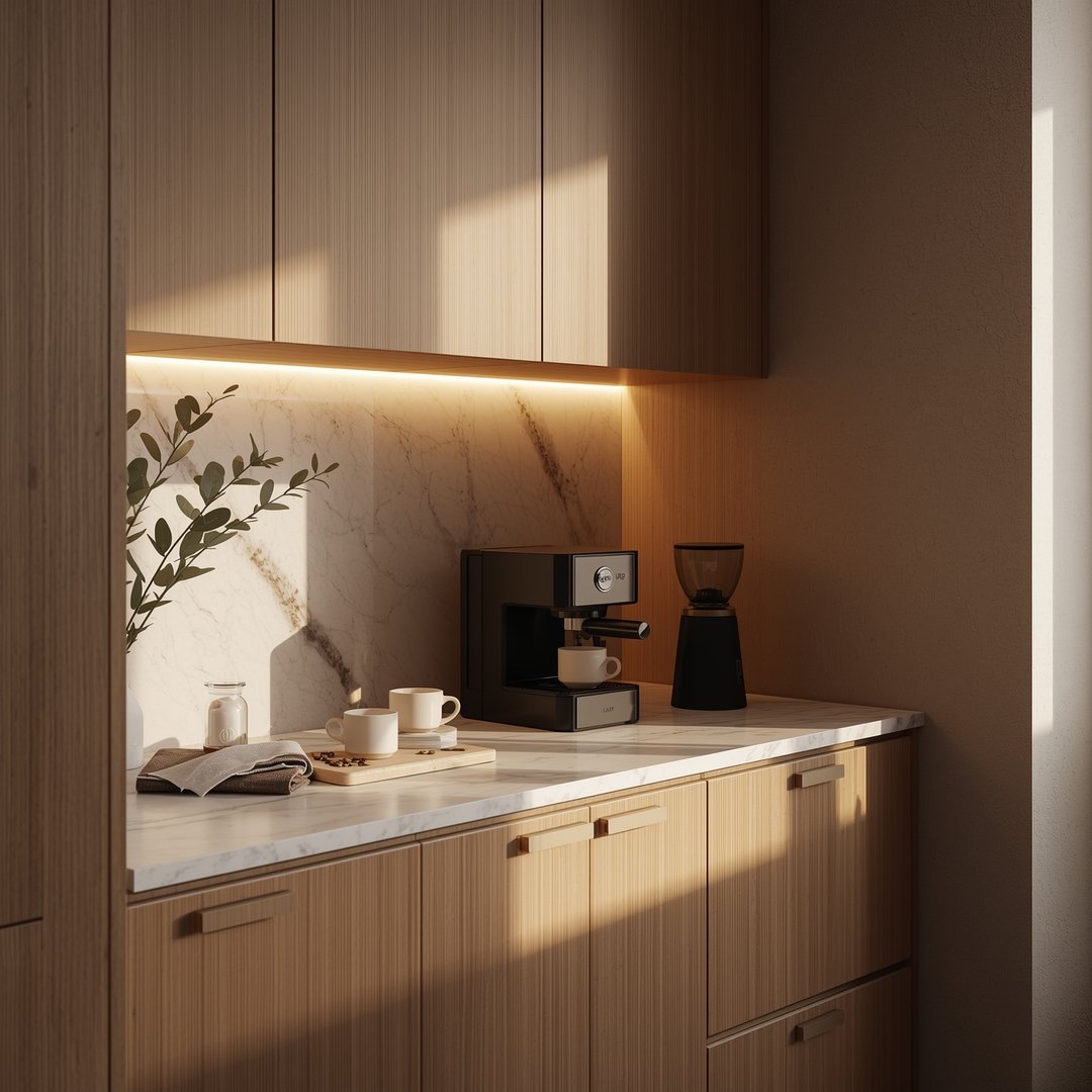 Kaffestasjon på kjøkkenbenk med kaffetrakter og kopper i skandinavisk stil