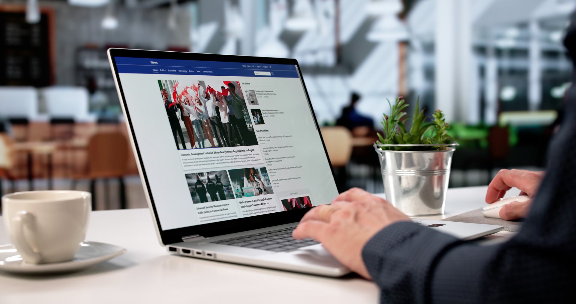Young Journalist Typing Article On Laptop In Cafe, Watching News On Website.
