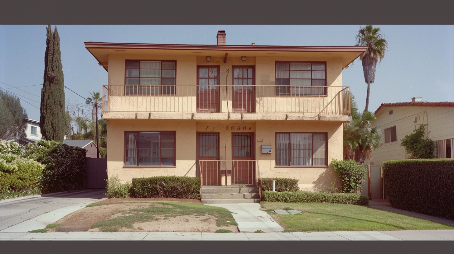 Two-story 1960s Los Angeles 4-plex apartment building showing signs of deferred maintenance in a residential neighborhood