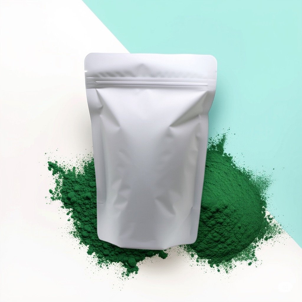 White pouch standing in front of a pile of green powder on a two-tone background of white and turquoise.