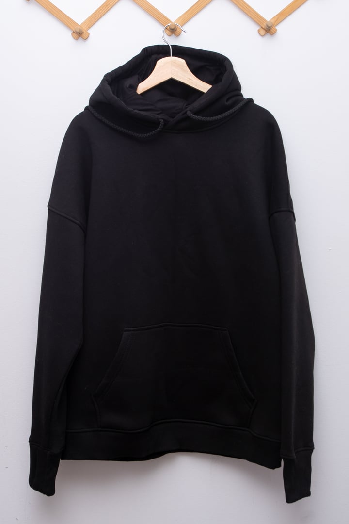 Black hoodie. Hooded sweatshirt. Hoody hanger clothing mockup
