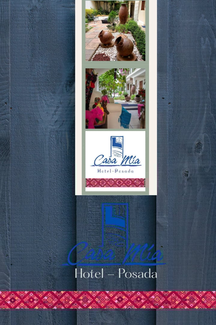 Promotional image for Casa Mia Hotel Posada featuring pottery and colorful decor with logo and name displayed prominently.